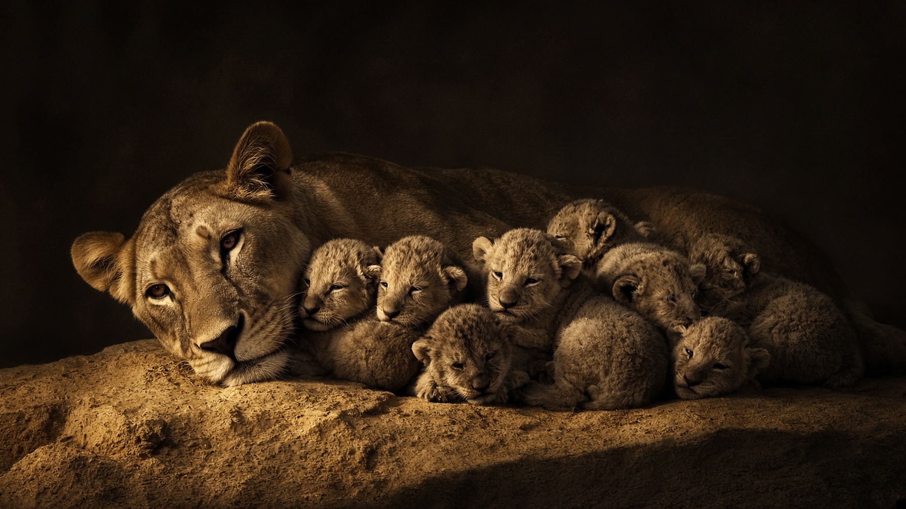 A lioness resting while her cubs gather close against her.