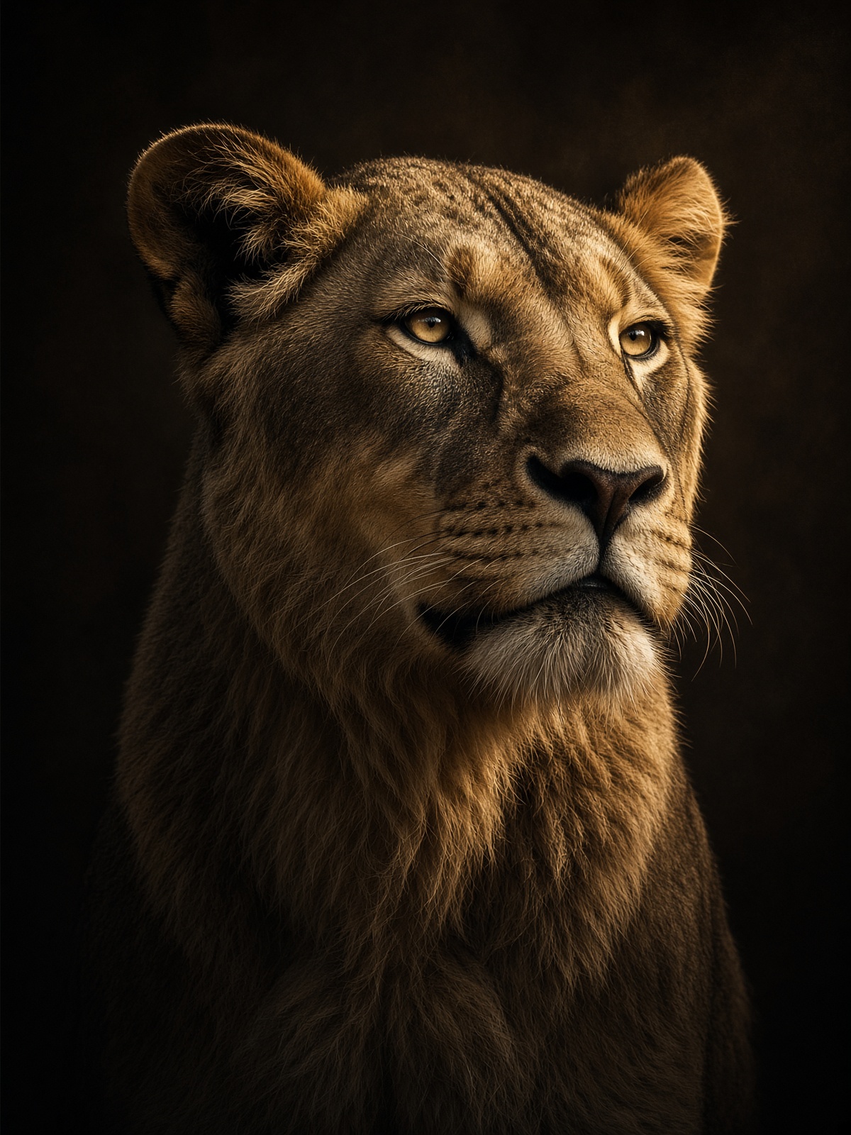 A lioness in warm gold light, head high, eyes steady.