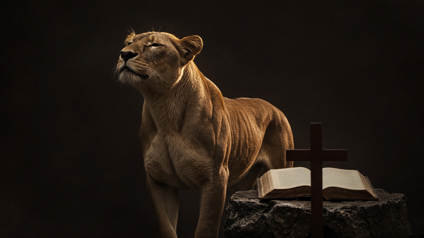 A lioness standing beside an open Bible and a wooden cross.