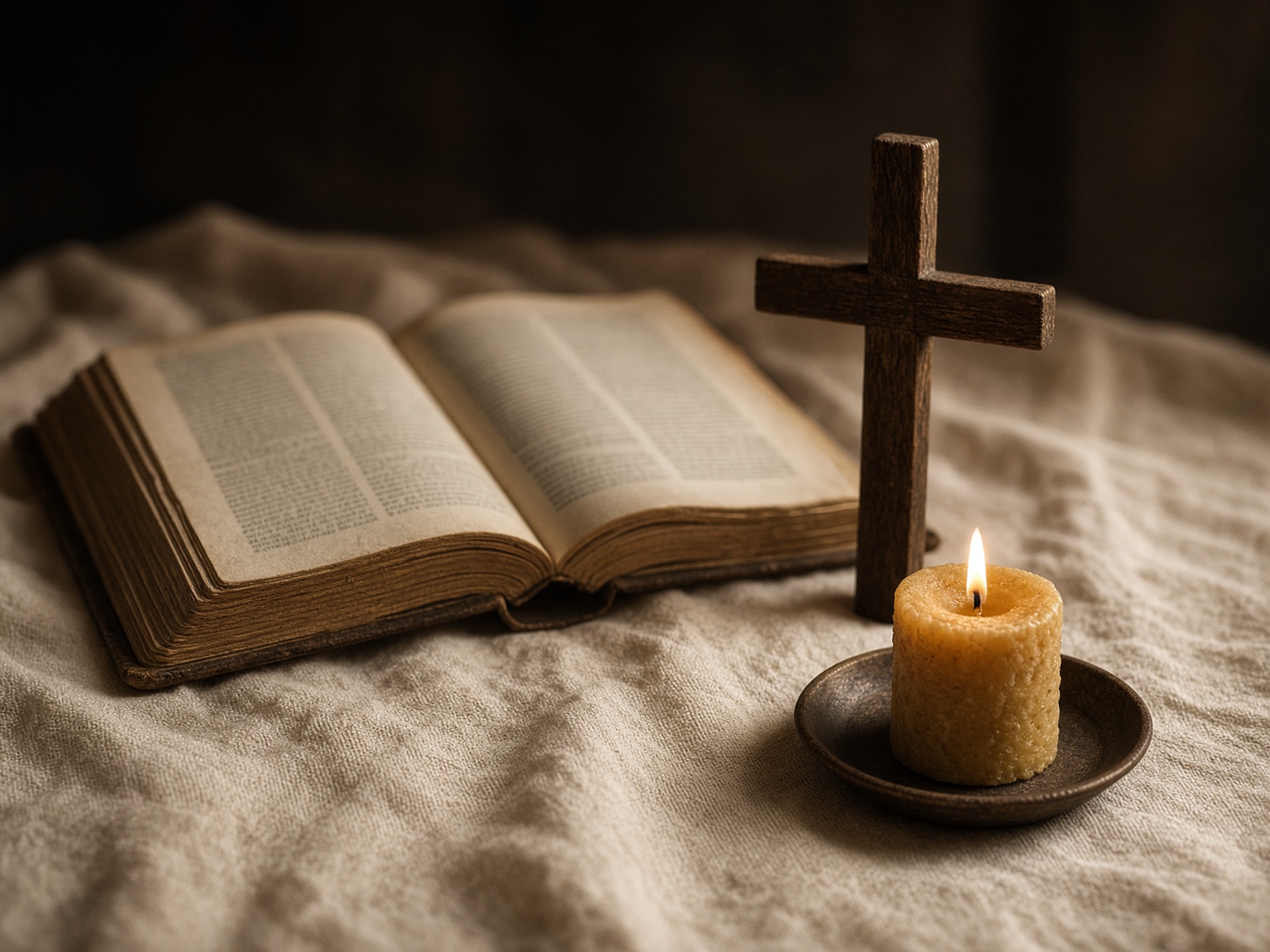 An open Bible, a wooden cross, and a lit candle on linen.